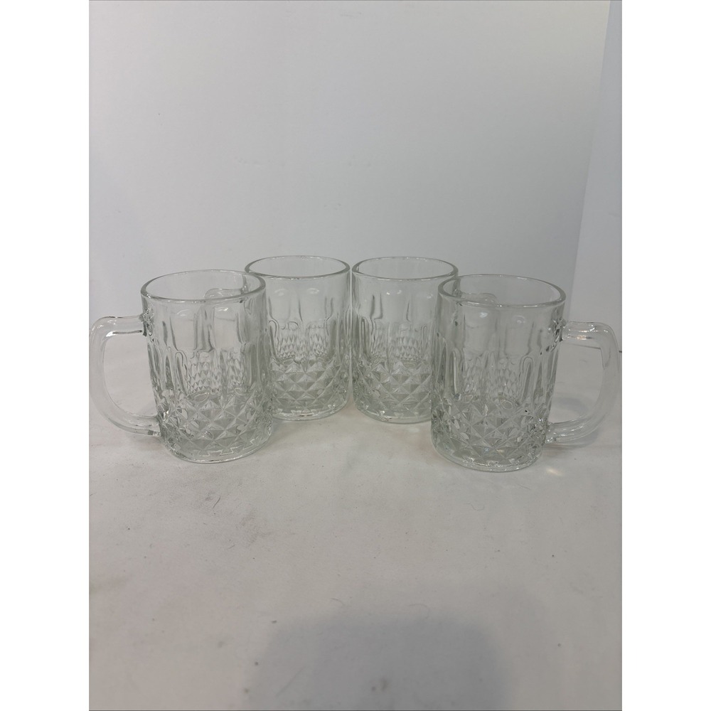 Vintage KIG Indonesia Set of 4 Clear Diamond Thumbprint Glass Mugs 8 Oz